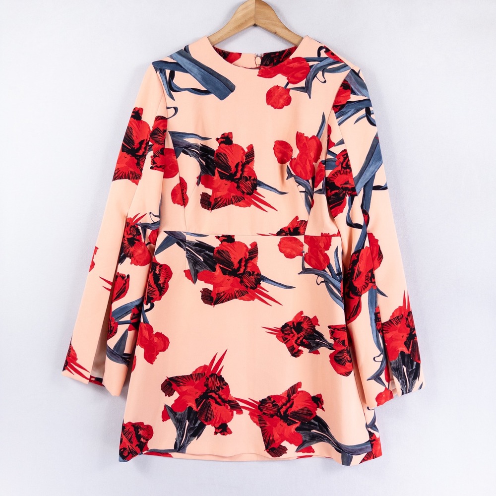 Topshop Petite Womens Floral Mini Dress Size 8P Peach Red Long Sleeve Split Cuff